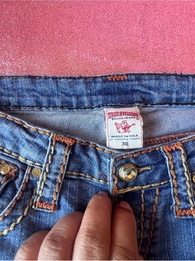 True Religion Blue Denim Straight Leg Jeans with Orange Stitching